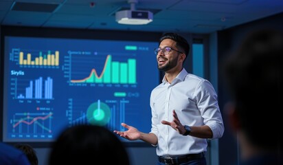 Confident Indian Male Executive Leading Presentation with Interactive Data Visuals