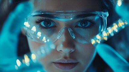 Fototapete - DNA gloves and science with woman in laboratory for breakthrough discovery or experiment Blood getting ready and test tube with scientist at work on clinical trial for biology cure or  : Generative AI