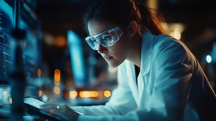 Aufkleber - Scientist women and teamwork on tablet and computer for laboratory advice medical research and night planning Students science people or mentor on digital technology of test results or : Generative AI