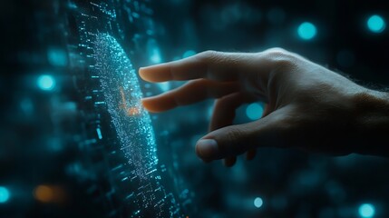 Poster - Chat with AI or Artificial Intelligence technology Man touching chatting virtual with an intelligent artificial intelligence asks for answers he wants Smart assistant futuristic Chatbo : Generative AI