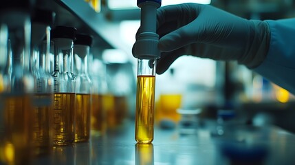 Fototapete - A scientist uses laboratory equipment for a research experiment test tube is essential for chemists to use in experiments scientific researchers must concentrate on testing samples in  : Generative AI