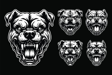 Wall Mural - Dark Art Vicious Angry Pitbull Dog Head Black and White Illustration