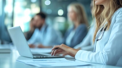 Poster - Healthcare meeting and doctors nurses and laptop in office with documents for medical compliance surgery or planning Hospital team or people online for brainstorming solution or proble : Generative AI