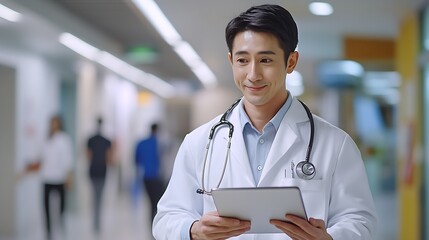 Aufkleber - Walking tablet or doctor in hospital with research on social media to search for medicine info online Asian man reading smile or medical healthcare nurse browsing on technology for tel : Generative AI