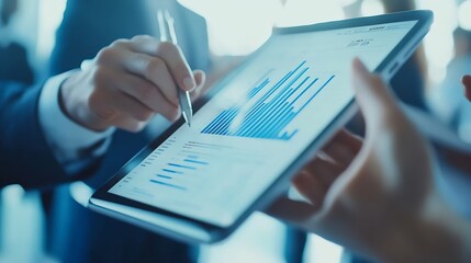 Fototapete - Tablet teamwork and business people in office planning and brainstorming with financial report Group startup and employees with tech connection and broker with online accounting and tr : Generative AI