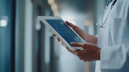 Poster - Clinic tablet and hands of doctor with patient for consulting medical service and help in hospital Healthcare telehealth and people on digital tech for diagnosis online results and ins : Generative AI