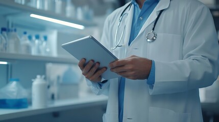 Fototapete - Man doctor and tablet in research medical or Telehealth for communication or networking at hospital Closeup of male person or healthcare surgeon on technology for social media or onlin : Generative AI