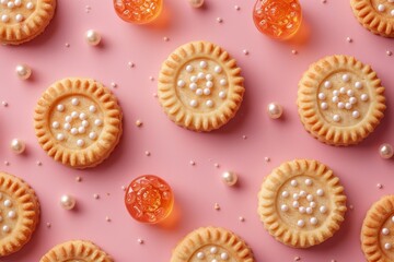 Poster - Jam filled cookies and pearl beads on pastel pink background in creative food pattern