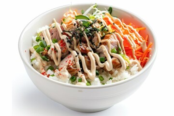 Poster - Japanese dish Tuna Mayo Don Tuna mayo with rice in white bowl on white backdrop