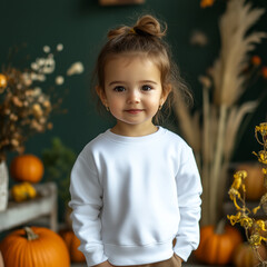 Baby girl model in white longsleeve shirt. Children sweatshirt mockup. Dark green background with pumpkins and plants