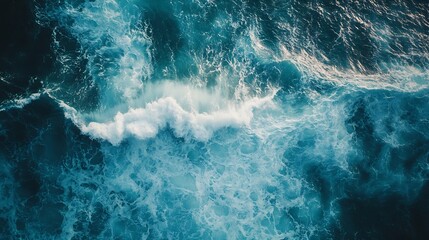 Overhead view turquoise stormy ocean waves with white foam in the oceanSea water with splashes and foam Top view waves background Natural background photo sea texture with waves soft f : Generative AI