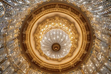 Wall Mural - Large crystal gold chandelier from below close up