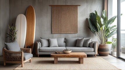 Poster - Stylish interior of living room with grey sofa armchair coffee table and surfboard : Generative AI