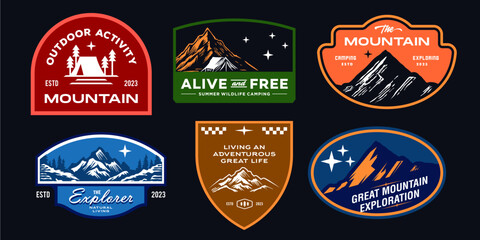 colorful mountain rustic badge design for t-shirt. set collection of vintage adventure badge. campin