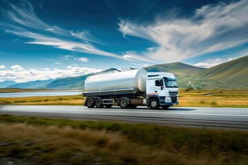 Wall Mural - Large white fuel tanker truck transporting fuel on country road with clouds in blue sky