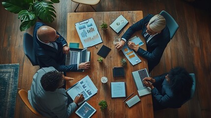 Poster - Top view of smart manager looking at financial statistic on tablet at meeting room Group of diverse business people working together to analyze investment data on table with notebook D : Generative AI