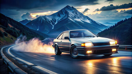 Silver Sports Car Driving on a Mountain Road at Sunset