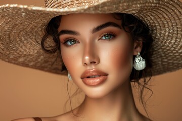 Canvas Print - Lovely woman with cosmetics hat and earrings