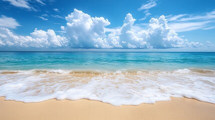 Horizon beautiful landscape summer season vertical front view tropical sea beach white sand clean blue sky cloud background calm nature ocean wave water travel holiday relax at island  : Generative AI