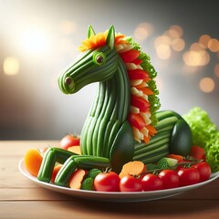 Wall Mural - a horse created from Vegetables, on a plate with blurred background