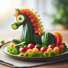 Wall Mural - a horse created from Vegetables, on a plate with blurred background