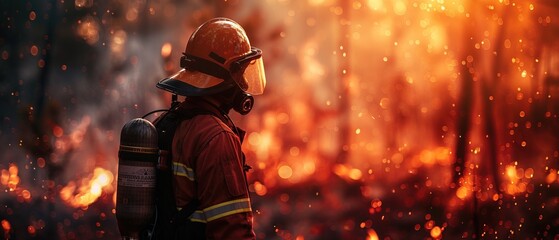 A professional firefighter extinguishes the flame. A burning forest and a man in a firefighter's uniform 