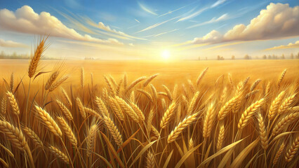 Golden wheat field at sunset with clear sky and horizon