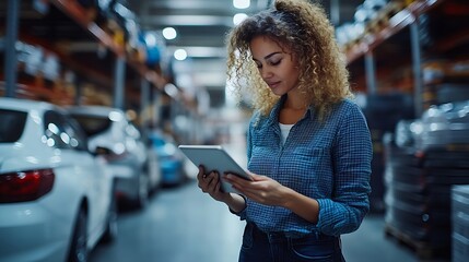 Poster - Female professional using tablet quality checking car parts worker in warehouse Supervisor importexport shipping transportation logistic business factory concept : Generative AI