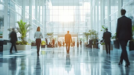 Aufkleber - Blurred image of business people in the lobby of a modern office building : Generative AI