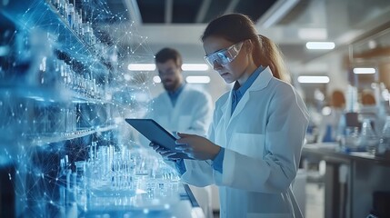 Aufkleber - Science teamwork and scientist with tablet in laboratory for communication pharmaceutical review or planning Employees collaboration and technology for research discussion and digital  : Generative AI