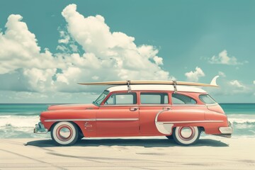 Wall Mural - Retro car at the beach with surfboard atop