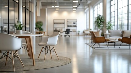 Poster - Abstract blurred image of modern Open space office with white interior concept full furniture for background design concept : Generative AI