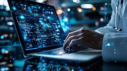 Fototapete - Medical doctor working on laptop with medical network Medical technology and Healthcare concept : Generative AI