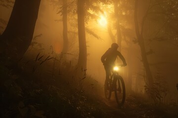 Wall Mural - Riding through challenging tracks in the wild alpine forest at dawn during the Ukrainian Carpathian marathon