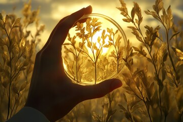 Sticker - Hands holding a Petri dish with a golden light glowing through plant life representing the synergy between renewable energy and agricultural biotechnology in sustainable environmental practices