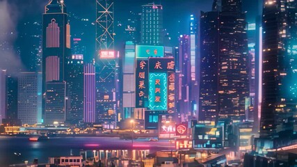 Sticker - Vibrant Neon Lights Illuminate Hong Kong Skyline at Night, A city skyline at night illuminated by neon lights and signs, creating a vibrant and bustling atmosphere