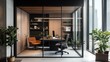 © jambulart - Modern office with glass walls and city view.