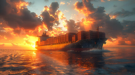 Cargo Ship at Sunset Illustration