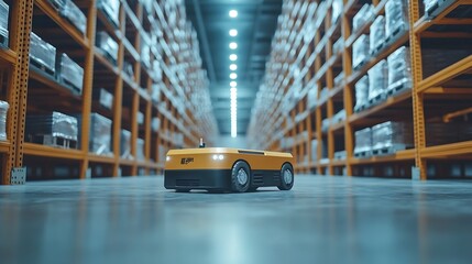 Poster - Blur background of smart robotic machine inspecting product in storage Warehouse interior with shelves bins and a forklift Industrial storage and logistics facility Design for poster S : Generative AI