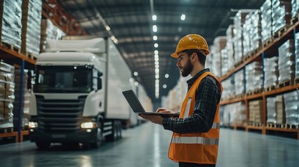 Leinwandbilder - Logistics business Truck for international transport Container ship transports cargo Man works in logistics warehouse Logistician guy with laptop Logistics processes Selecting delivery : Generative AI