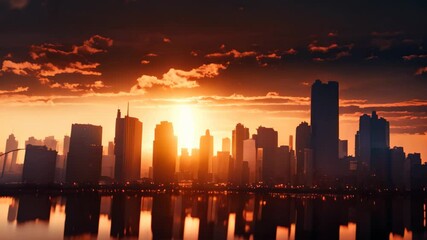 Poster - A stunning sunset over Tokyo with the iconic Rainbow Bridge silhouetted against the colorful sky A city skyline with a striking silhouette of bridges and towers against a dramatic sky