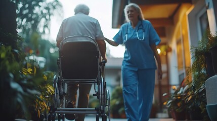 Poster - Senior man walker and support with nurse for physiotherapy healthcare or trust at old age home Woman medical caregiver or volunteer helping or talking to person with a disability in re : Generative AI