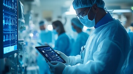 Fototapete - Planning tablet and teamwork in a hospital with a mature manager with healthcare workers with tech Clinic cardiology research and digital report with conversation and collaboration wit : Generative AI