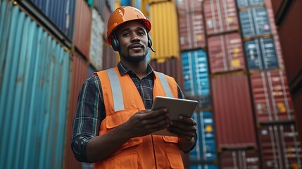 Wall Mural - Handsome businessman wearing safety helmet using walkie talkie and holding digital tablet during inspection at logistic shipping cargo containers yard Foreman inspecting cargo work sit : Generative AI