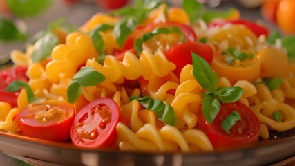 Sticker - Close-up of a colorful pasta salad with fresh tomatoes, basil, and rotini pasta A colorful pasta dish with fresh tomatoes and basil