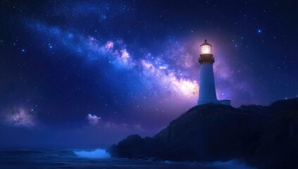 Wall Mural - Lighthouse on a cliff under the Milky Way.