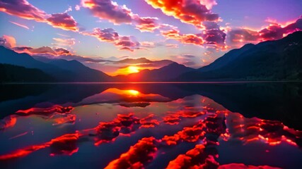 Canvas Print - A stunning sunset over a still lake, reflecting vibrant colors in the calm water A colorful sunset painting the sky over a serene lake reflecting the surrounding mountains