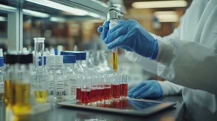 Poster - People teamwork or scientists on tablet for test tube results life extension or antiaging medicine in laboratory Assistant vial or biologists with chemistry research liquid or science  : Generative AI
