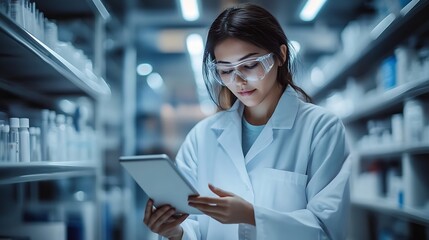 Fototapete - Tablet scientist and happy for analysis in laboratory healthcare and reading of online pharmaceutical research Asian expert technology or connection for innovation or information in bi : Generative AI