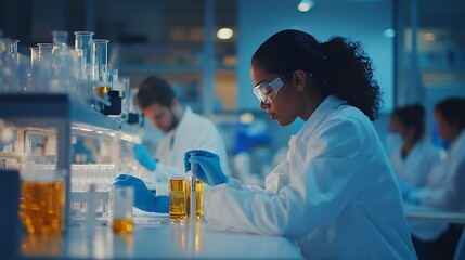 Aufkleber - Tablet science and group of people in laboratory for learning cancer cure or medical development Training investigation and research with scientist team in clinical trial for medicine  : Generative AI